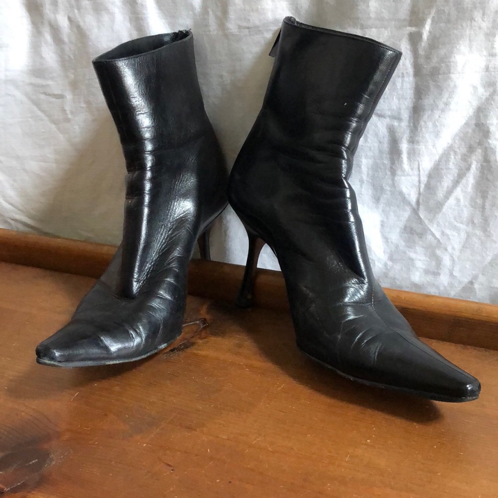 Jimmy Choo black leather pointed toe booties. Size 38